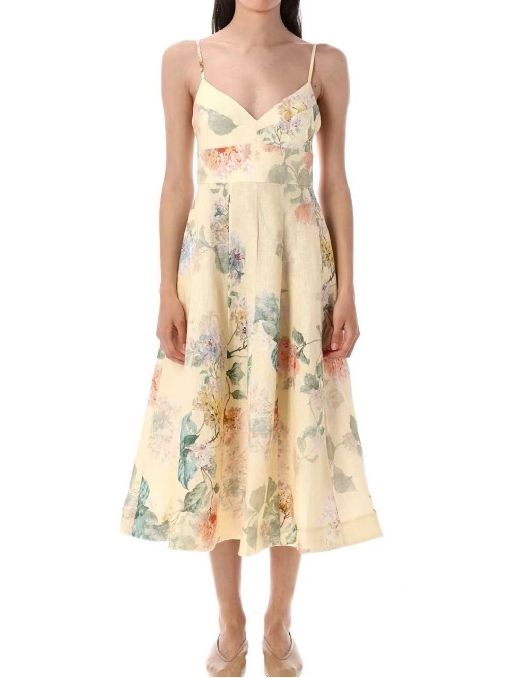 Zimmermann Floral Cream Midi Dress with Spaghetti Straps size 0